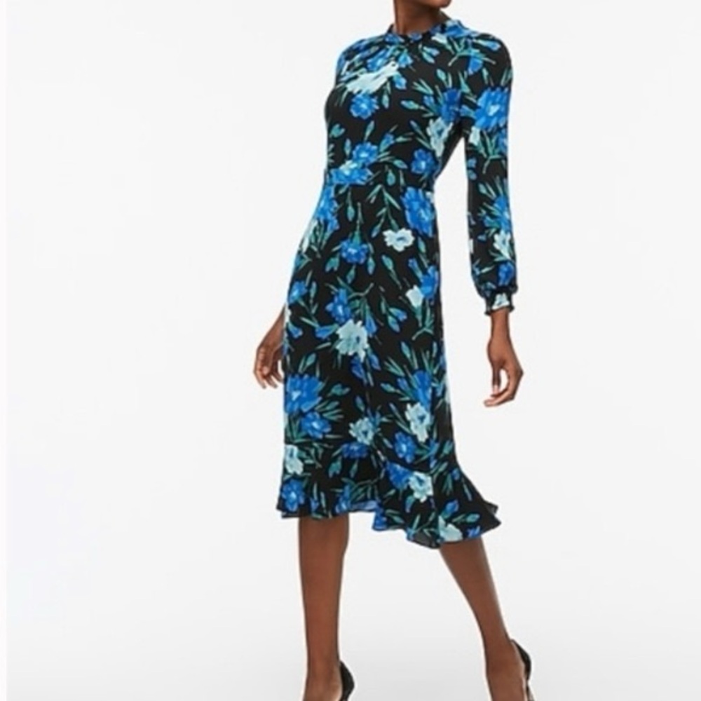 J. Crew Women's Ruffleneck Midi Dress, Size 6, Black Blue Floral